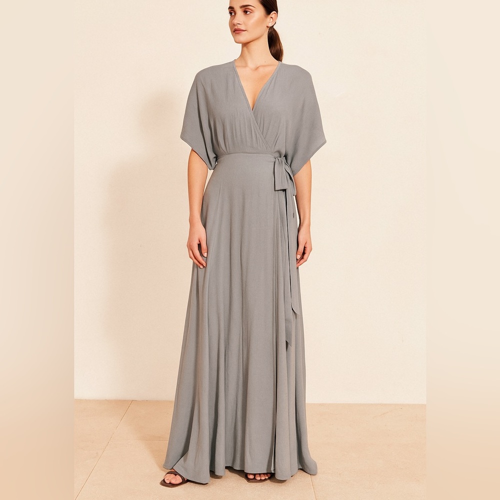 NWT REFORMATION Women's Winslow Wrap Maxi Dress Fog Belt Short Sleeves